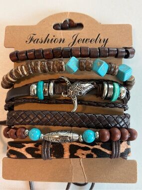6 Pcs boho tribal leather bracelet stack turquoise bead and Leopard Print New!